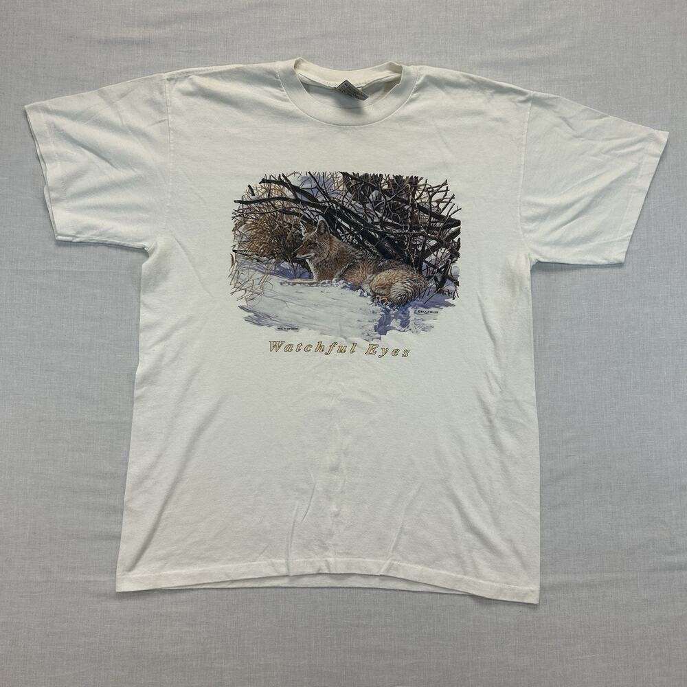 Vintage Bruce Miller Watchful Eyes T-Shirt Mens Large Fox Nature Graphic USA Tee